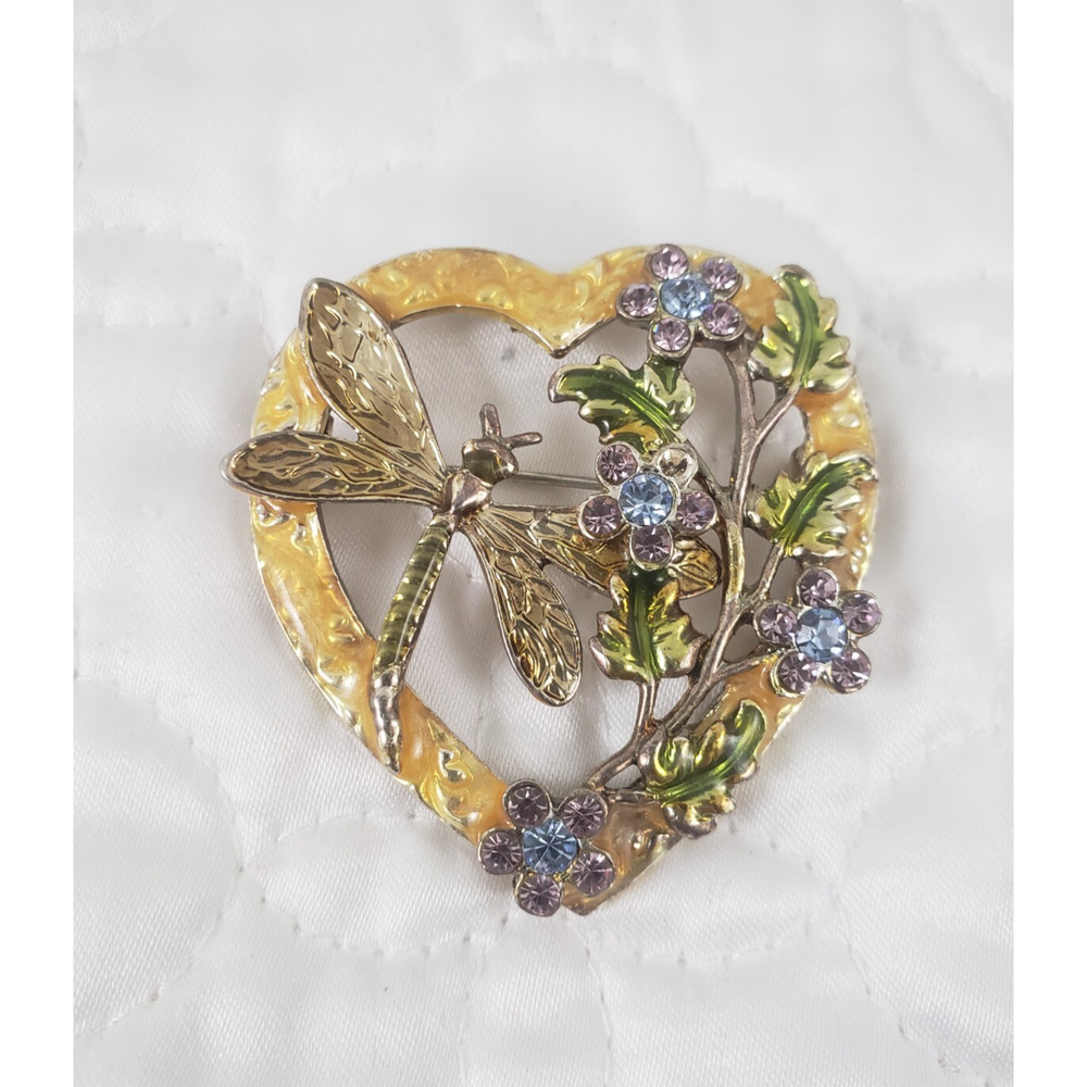 Ju) Vintage KC Kenneth Cole Dragonfly Floral Heart Rhinestone Costume Brooch Pin